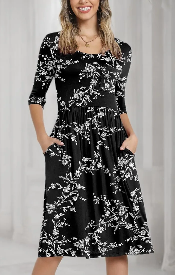 CATHY Women's 3/4 Sleeve 2025 Casual High Waist Round Neck Midi Dress with Pockets