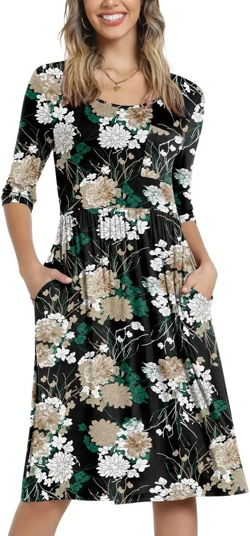 CATHY Women's 3/4 Sleeve 2025 Casual High Waist Round Neck Midi Dress with Pockets