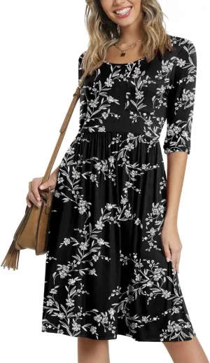 CATHY Women's 3/4 Sleeve 2025 Casual High Waist Round Neck Midi Dress with Pockets