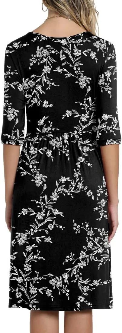 CATHY Women's 3/4 Sleeve 2025 Casual High Waist Round Neck Midi Dress with Pockets
