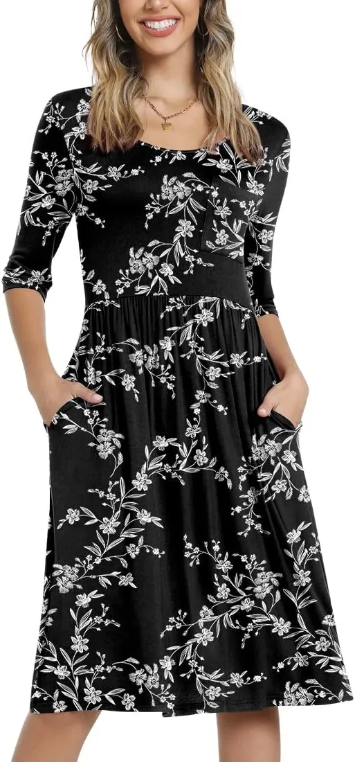 CATHY Women's 3/4 Sleeve 2025 Casual High Waist Round Neck Midi Dress with Pockets