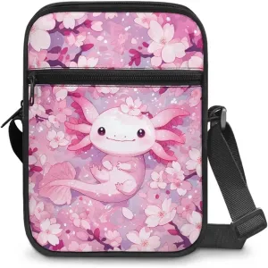 Cherry Blossoms Axolotl Lightweight Satchel Reinforced Crossbody Bag with Pockets for College Students Ladies Cute Coin Cellphone Organizer Outdoor Yoga Chic