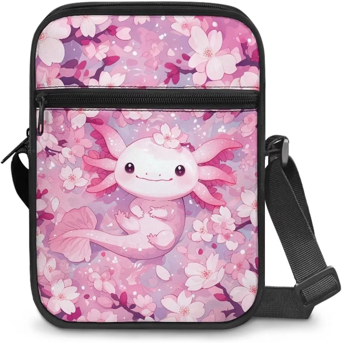 Cherry Blossoms Axolotl Lightweight Satchel Reinforced Crossbody Bag with Pockets for College Students Ladies Cute Coin Cellphone Organizer Outdoor Yoga Chic