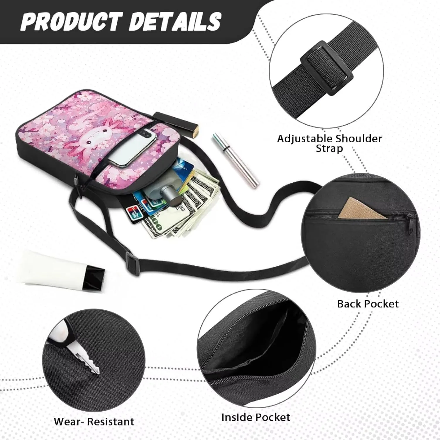 Cherry Blossoms Axolotl Lightweight Satchel Reinforced Crossbody Bag with Pockets for College Students Ladies Cute Coin Cellphone Organizer Outdoor Yoga Chic