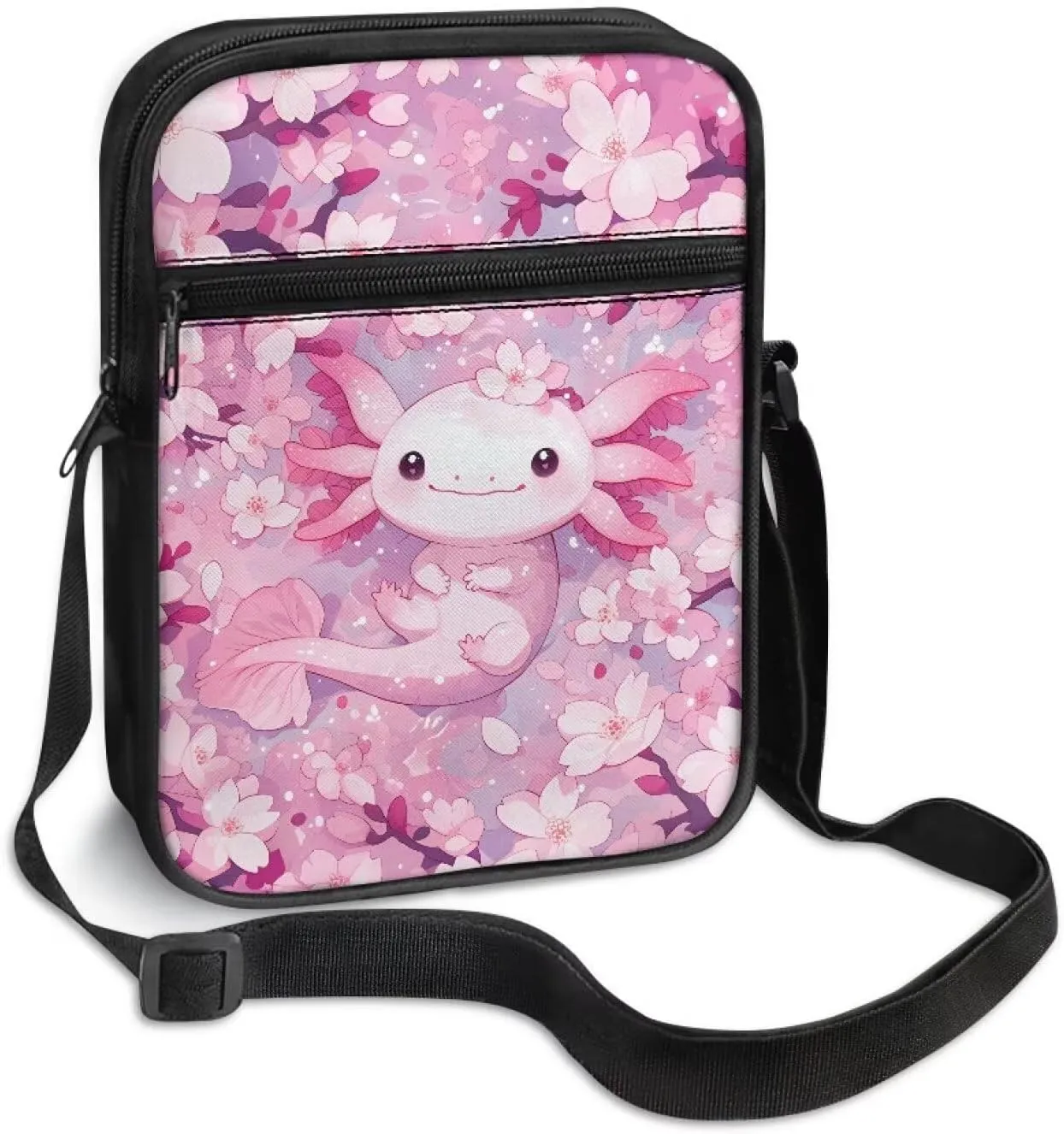 Cherry Blossoms Axolotl Lightweight Satchel Reinforced Crossbody Bag with Pockets for College Students Ladies Cute Coin Cellphone Organizer Outdoor Yoga Chic