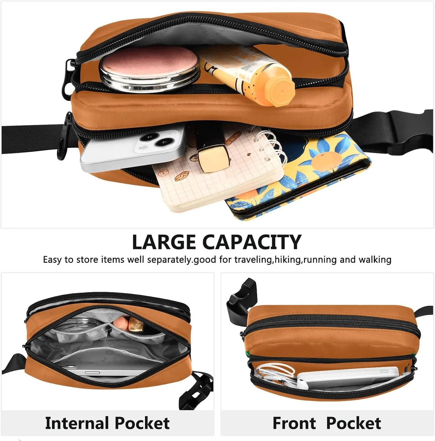 Chocolate Crossbody Bag for Women for Workout Running Traveling Hiking, 8 x 5.3 x 2.3 Inches