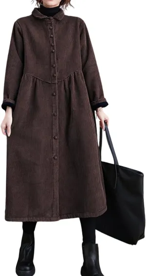chouyatou Women Winter A-Line Fleece Sherpa Lined Long Corduory Trench Coat Casual Button Down Shirt Dress