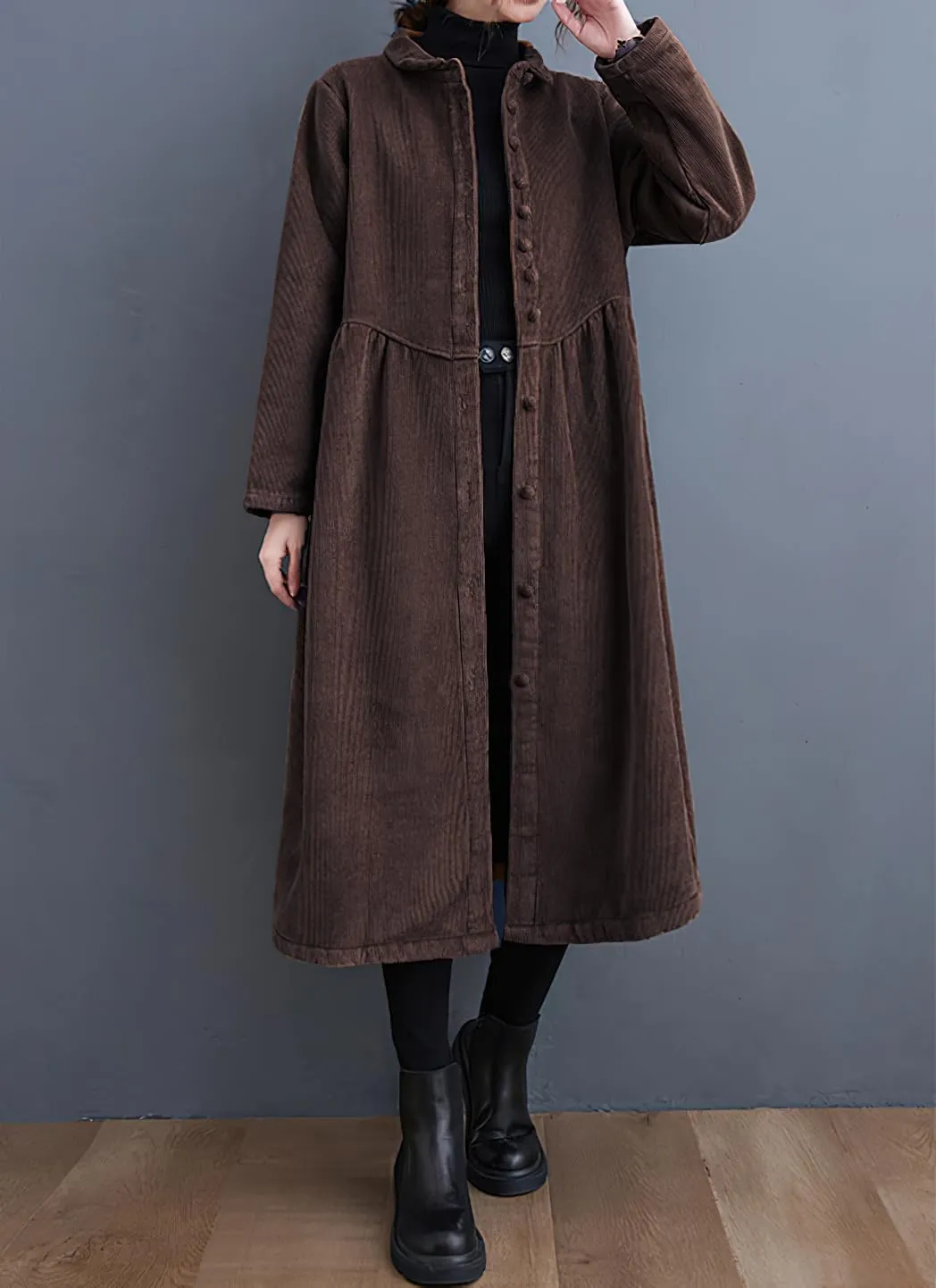 chouyatou Women Winter A-Line Fleece Sherpa Lined Long Corduory Trench Coat Casual Button Down Shirt Dress