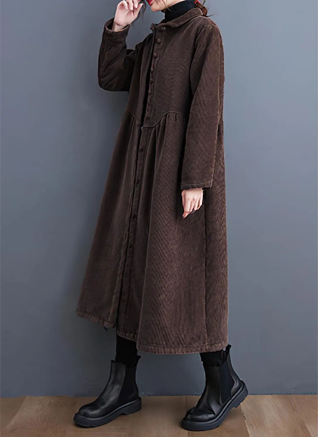 chouyatou Women Winter A-Line Fleece Sherpa Lined Long Corduory Trench Coat Casual Button Down Shirt Dress