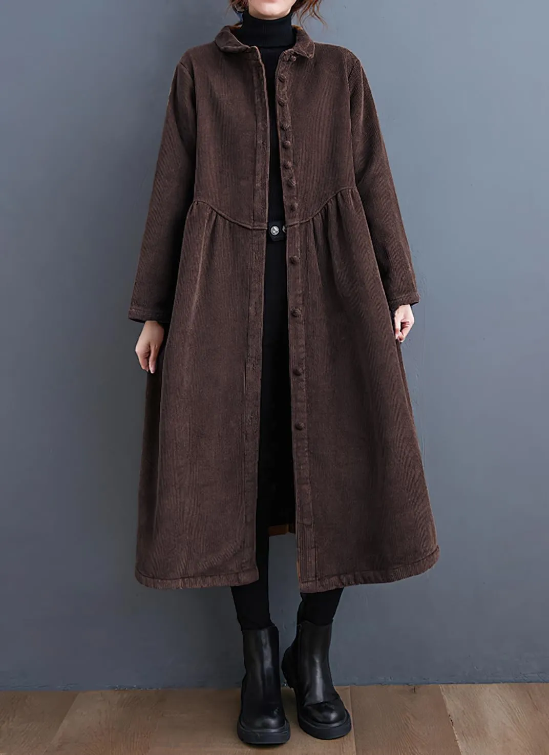 chouyatou Women Winter A-Line Fleece Sherpa Lined Long Corduory Trench Coat Casual Button Down Shirt Dress