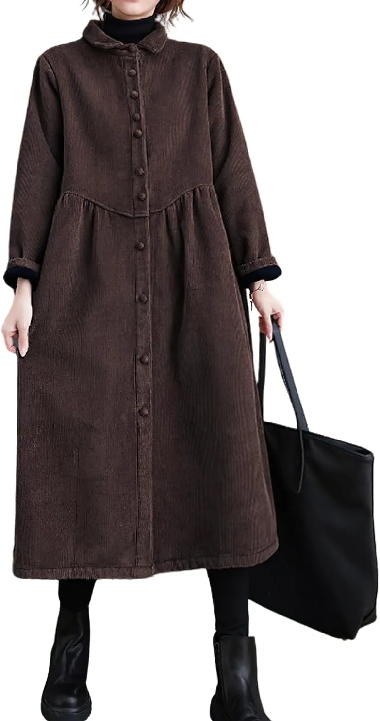 chouyatou Women Winter A-Line Fleece Sherpa Lined Long Corduory Trench Coat Casual Button Down Shirt Dress