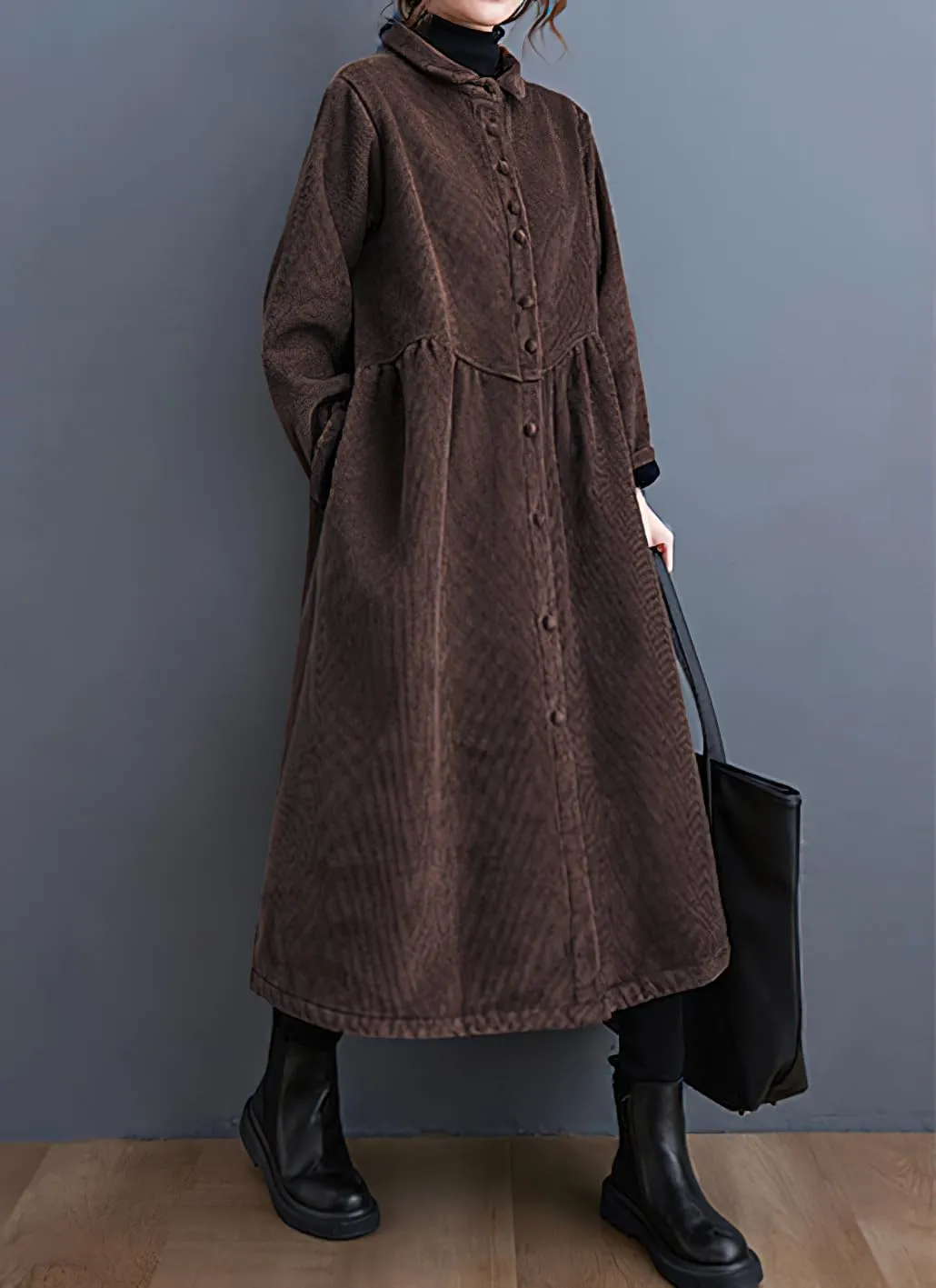 chouyatou Women Winter A-Line Fleece Sherpa Lined Long Corduory Trench Coat Casual Button Down Shirt Dress