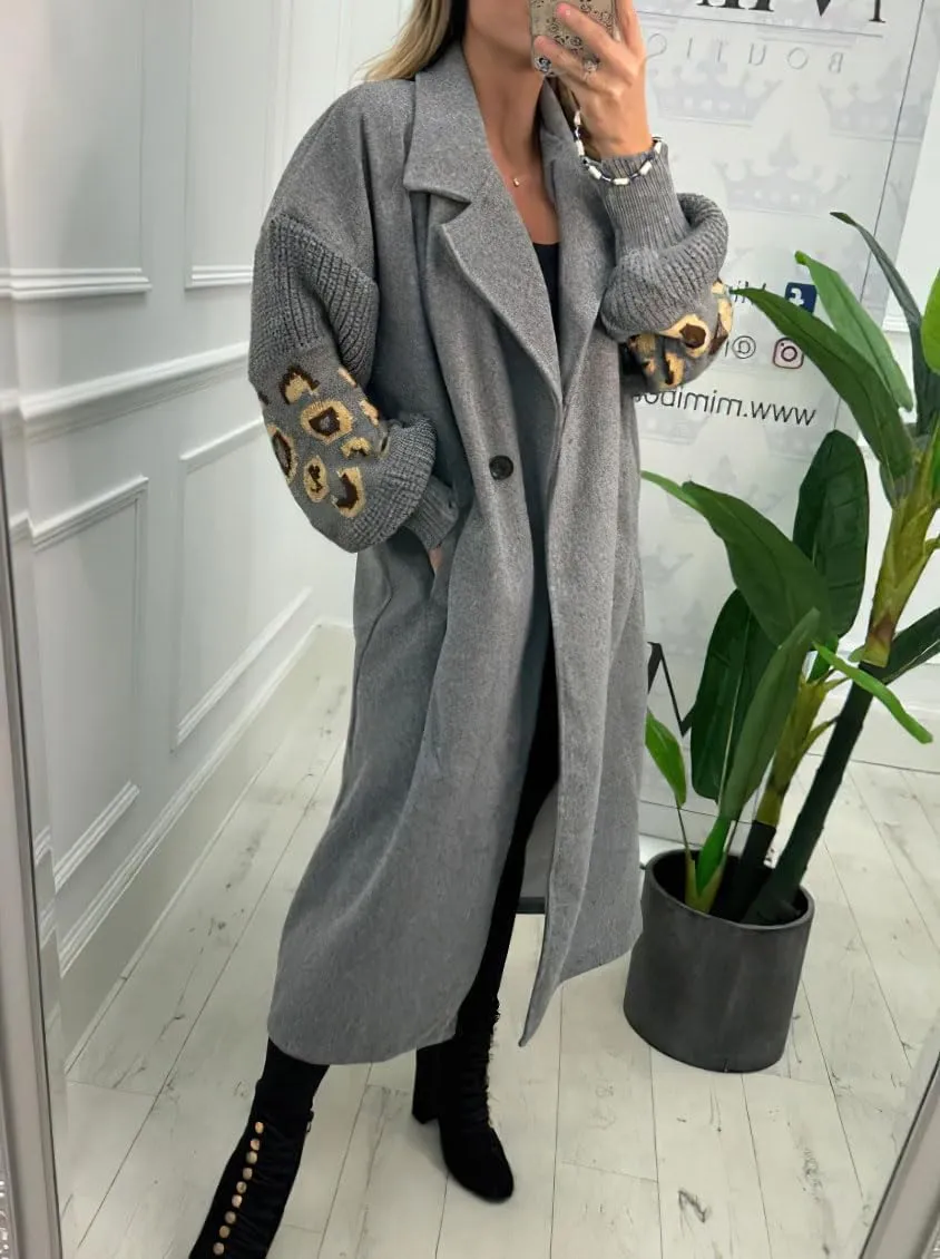 chouyatou Women's Leopard Print Knit Sleeve Wool Trench Coat Notched Lapel Double Breasted Long Pea Coat