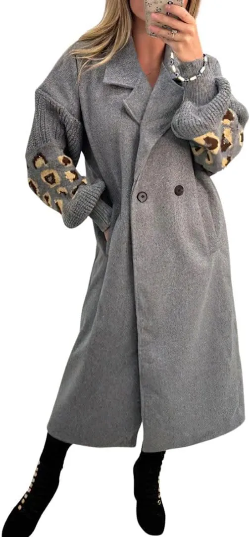 chouyatou Women's Leopard Print Knit Sleeve Wool Trench Coat Notched Lapel Double Breasted Long Pea Coat