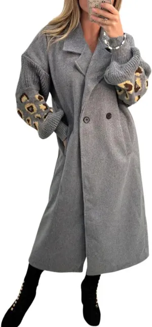chouyatou Women's Leopard Print Knit Sleeve Wool Trench Coat Notched Lapel Double Breasted Long Pea Coat