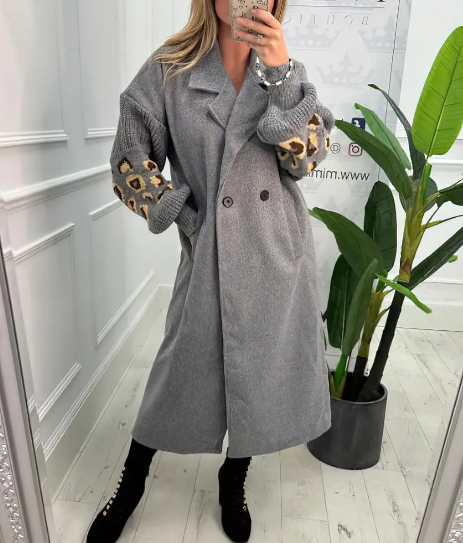 chouyatou Women's Leopard Print Knit Sleeve Wool Trench Coat Notched Lapel Double Breasted Long Pea Coat