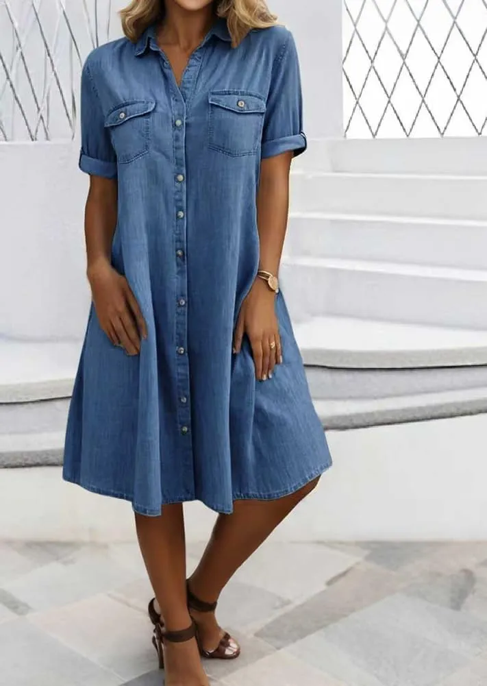 chouyatou Women's Summer Short Sleeve Denim Shirt Dress Business Casual Button Down Midi Long Jean Dress