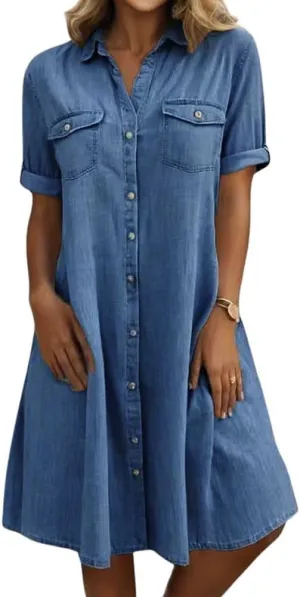 chouyatou Women's Summer Short Sleeve Denim Shirt Dress Business Casual Button Down Midi Long Jean Dress
