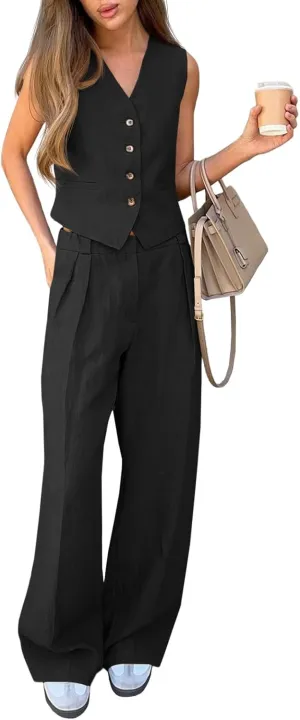 Cicy Bell Women's 2 Piece Outfits Crop Vest and Wide Leg Suit Pants Sets V Neck Blazer Suit