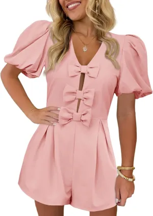 Cicy Bell Womens Cute Rompers Bow Front Puff Sleeve V Neck Short Jumpsuits Sexy Summer Outfits with Pockets