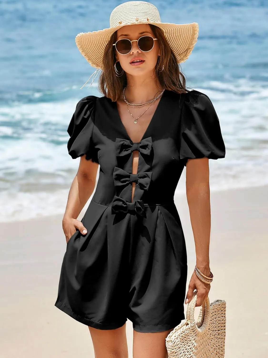 Cicy Bell Womens Cute Rompers Bow Front Puff Sleeve V Neck Short Jumpsuits Sexy Summer Outfits with Pockets