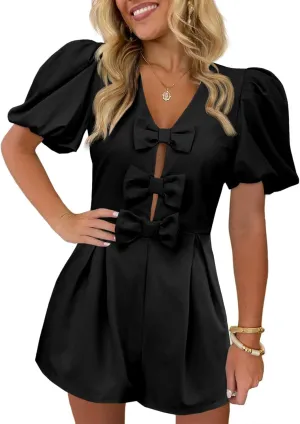 Cicy Bell Womens Cute Rompers Bow Front Puff Sleeve V Neck Short Jumpsuits Sexy Summer Outfits with Pockets