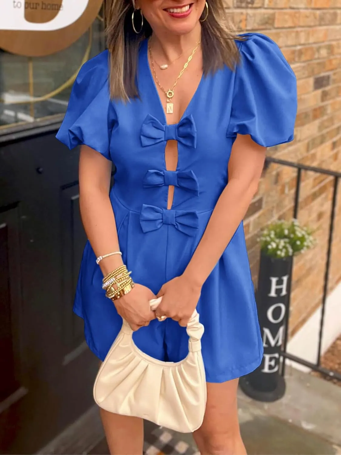 Cicy Bell Womens Cute Rompers Bow Front Puff Sleeve V Neck Short Jumpsuits Sexy Summer Outfits with Pockets