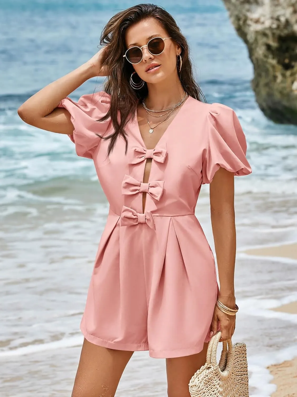 Cicy Bell Womens Cute Rompers Bow Front Puff Sleeve V Neck Short Jumpsuits Sexy Summer Outfits with Pockets