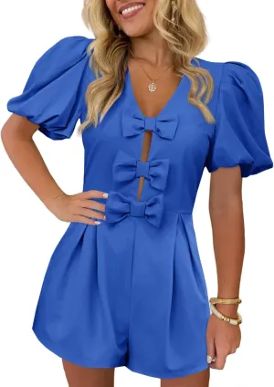 Cicy Bell Womens Cute Rompers Bow Front Puff Sleeve V Neck Short Jumpsuits Sexy Summer Outfits with Pockets