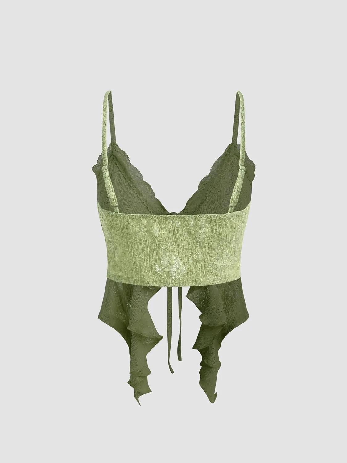 CIDER Going Out Tops for Women Y2K Tie Front Asymmetrical Ruffle Hem Lace Spaghetti Strap Cowgirl Crop Tops