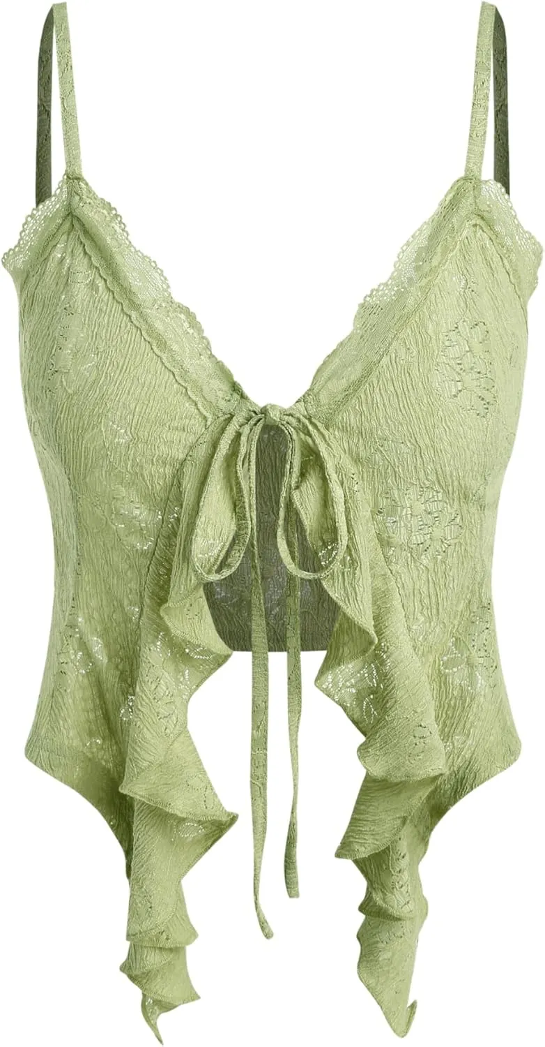 CIDER Going Out Tops for Women Y2K Tie Front Asymmetrical Ruffle Hem Lace Spaghetti Strap Cowgirl Crop Tops