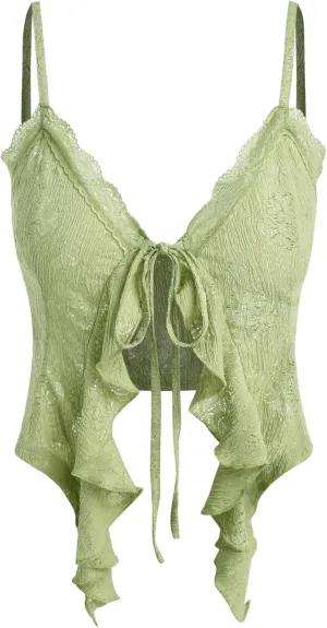 CIDER Going Out Tops for Women Y2K Tie Front Asymmetrical Ruffle Hem Lace Spaghetti Strap Cowgirl Crop Tops