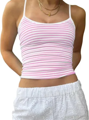 Cioatin Women Y2K Sleeveless Striped Spaghetti Strap Crop Cami Tank Backless Slim Fit Aesthetic Going Out Tops Girls