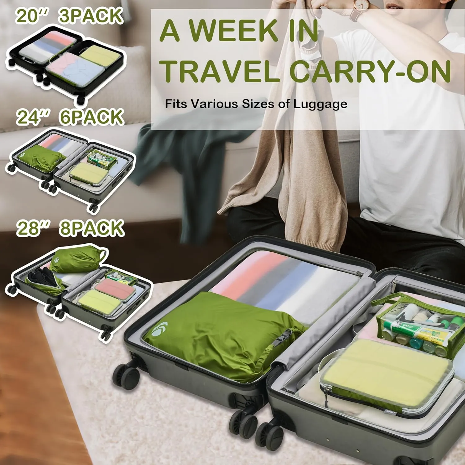Cipway Compression Packing Cubes, See Through Mesh Luggage Organizer Bags, Travel Essentials for Carry on Suitcase with Laundry Bag and Clear Toiletries Bag6 Pcs,Green