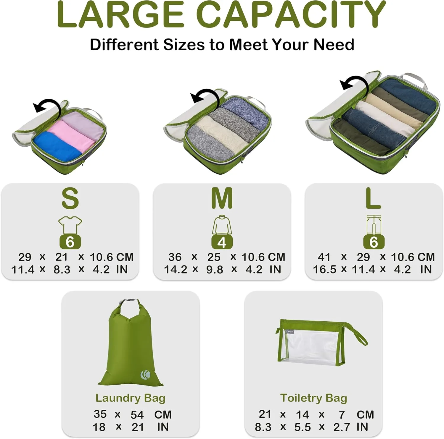 Cipway Compression Packing Cubes, See Through Mesh Luggage Organizer Bags, Travel Essentials for Carry on Suitcase with Laundry Bag and Clear Toiletries Bag6 Pcs,Green