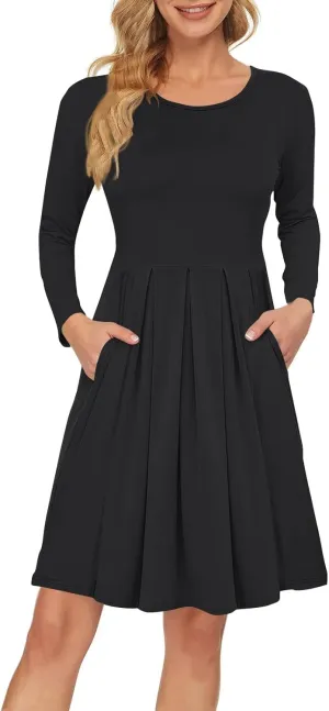 COTECRAM 2025 Women's Spring Casual Long Sleeve Midi Dresses with Pockets Crewneck Flowy A Line Knee Length Boho Dress