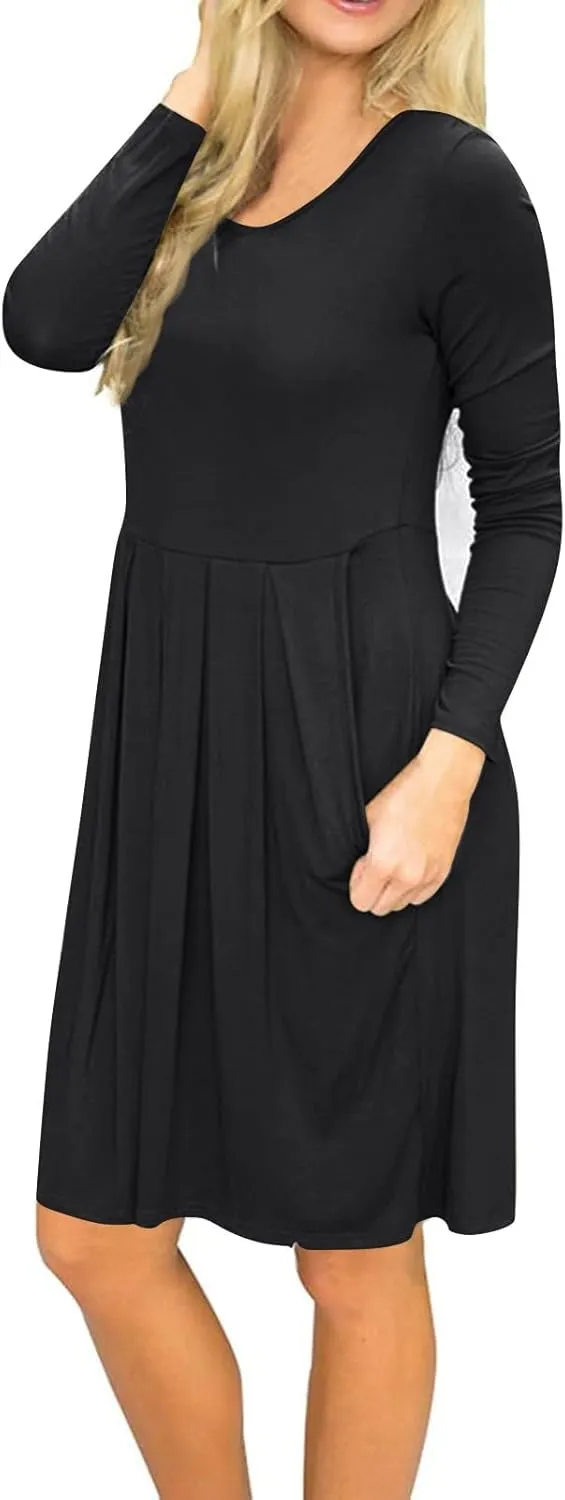 COTECRAM 2025 Women's Spring Casual Long Sleeve Midi Dresses with Pockets Crewneck Flowy A Line Knee Length Boho Dress