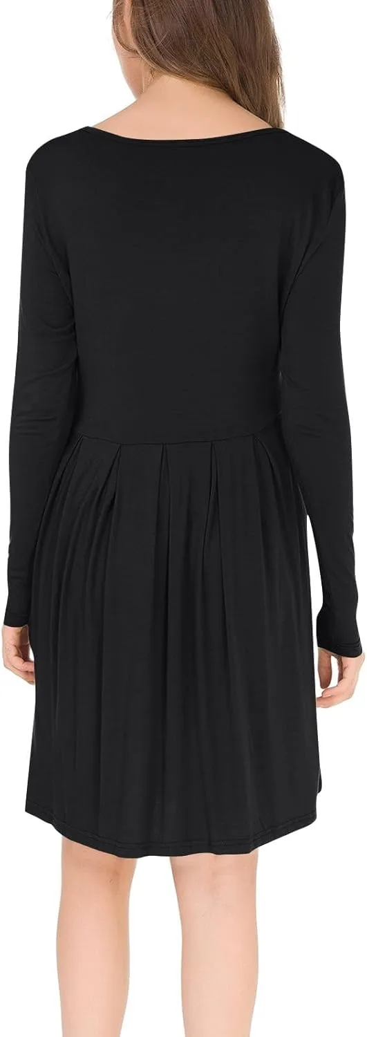 COTECRAM 2025 Women's Spring Casual Long Sleeve Midi Dresses with Pockets Crewneck Flowy A Line Knee Length Boho Dress