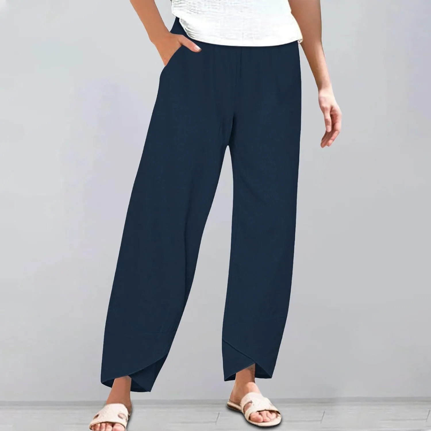 Cotton Linen Pants for Women Plus Size Cropped Wide Leg Summer Casual Loose Fit Trousers Beach Lounge Work