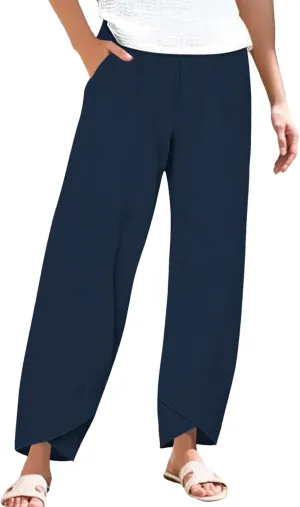 Cotton Linen Pants for Women Plus Size Cropped Wide Leg Summer Casual Loose Fit Trousers Beach Lounge Work