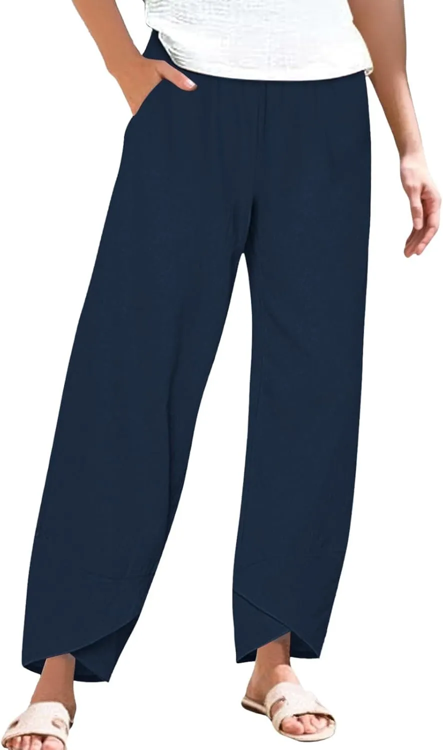 Cotton Linen Pants for Women Plus Size Cropped Wide Leg Summer Casual Loose Fit Trousers Beach Lounge Work