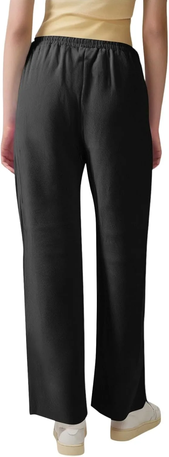 Cotton Linen Pants Women Elastic Waist Pull On Dress Pants Straight Leg Summer Boho Flowy Beach Pants with Pockets