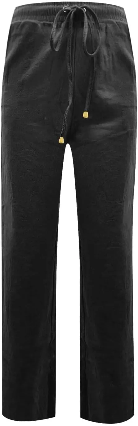 Cotton Linen Pants Women Elastic Waist Pull On Dress Pants Straight Leg Summer Boho Flowy Beach Pants with Pockets