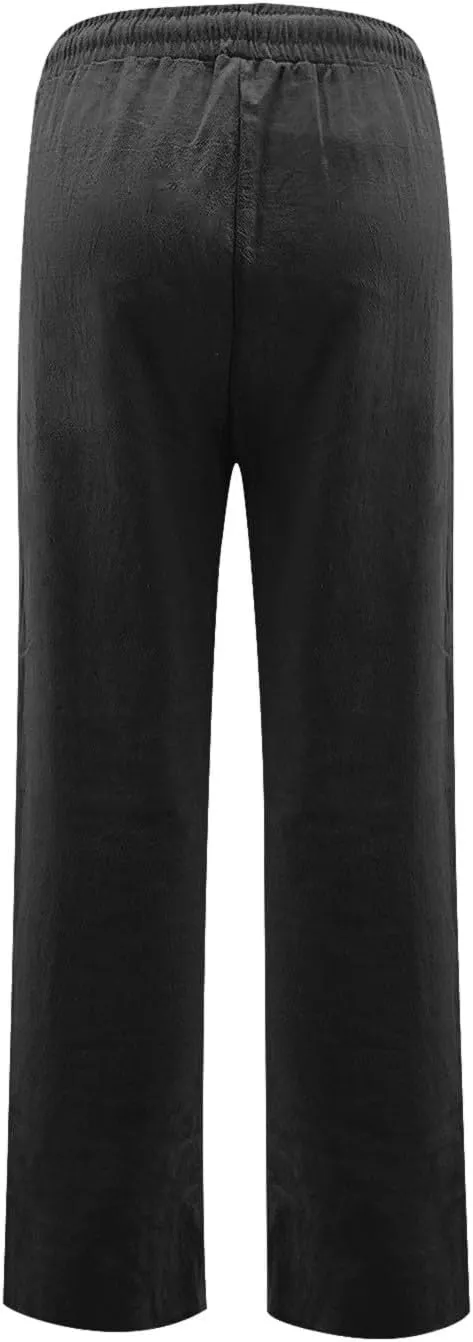 Cotton Linen Pants Women Elastic Waist Pull On Dress Pants Straight Leg Summer Boho Flowy Beach Pants with Pockets