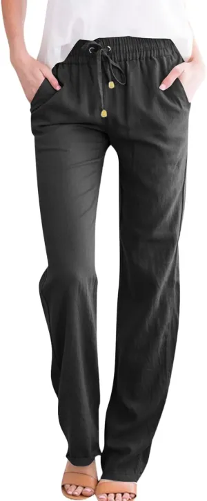 Cotton Linen Pants Women Elastic Waist Pull On Dress Pants Straight Leg Summer Boho Flowy Beach Pants with Pockets