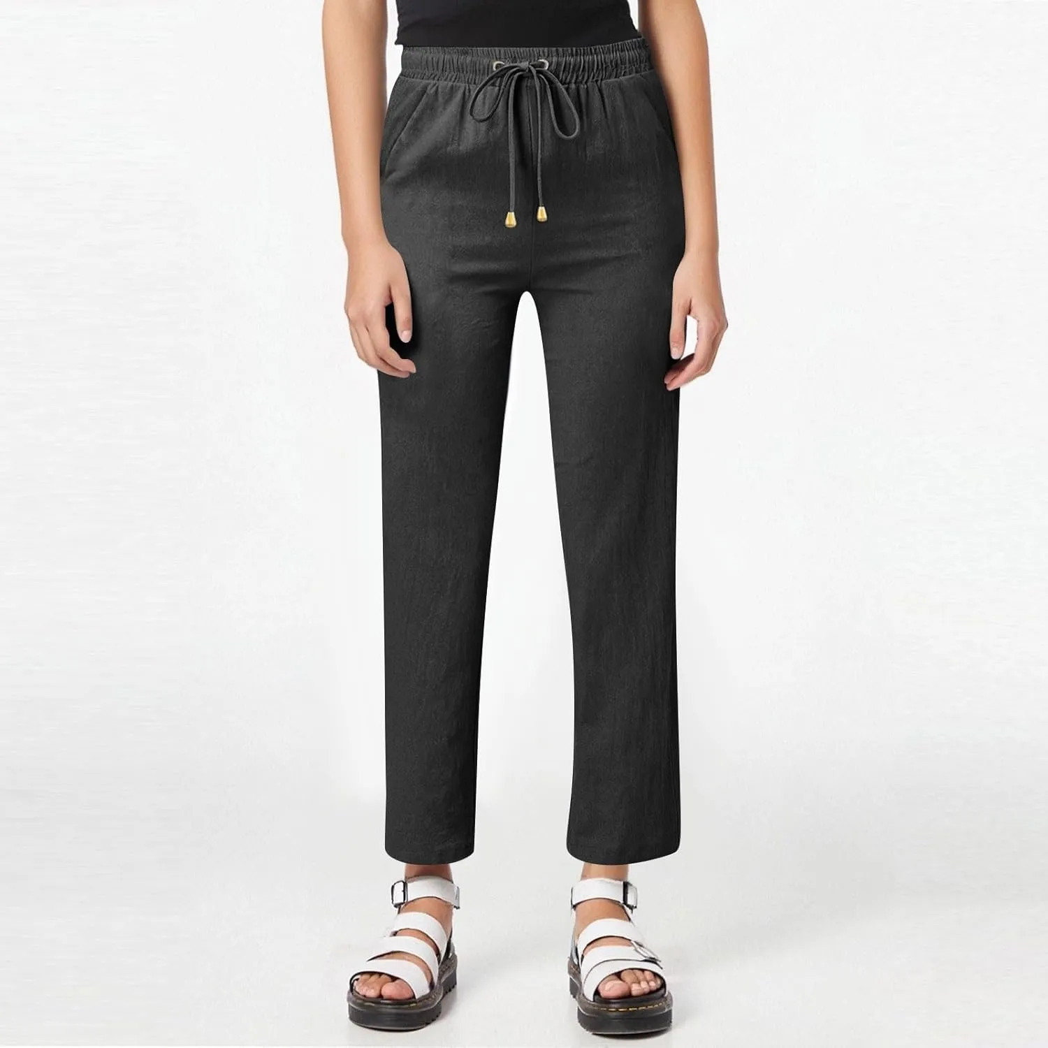Cotton Linen Pants Women Elastic Waist Pull On Dress Pants Straight Leg Summer Boho Flowy Beach Pants with Pockets