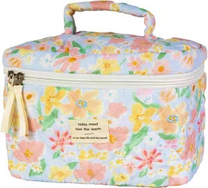 Cotton Quilted Makeup Bag: Large Capacity Makeup Bag Organizer - Portable Aesthetic Makeup Bag Floral Toiletry Bag with Handle Cute Cosmetic Bag for Women Travel Cartoon Flower