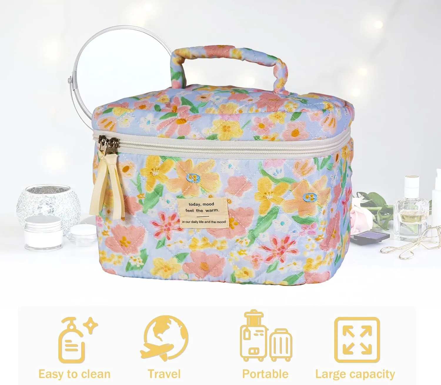 Cotton Quilted Makeup Bag: Large Capacity Makeup Bag Organizer - Portable Aesthetic Makeup Bag Floral Toiletry Bag with Handle Cute Cosmetic Bag for Women Travel Cartoon Flower