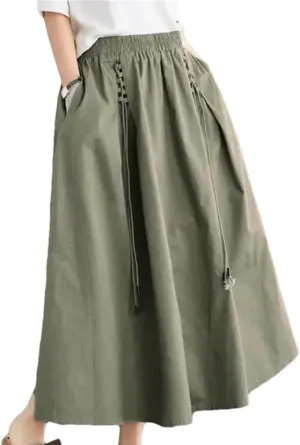 Cotton Women Long Skirt Summer Vintage Style Solid Color High Waist A-Line Skirts