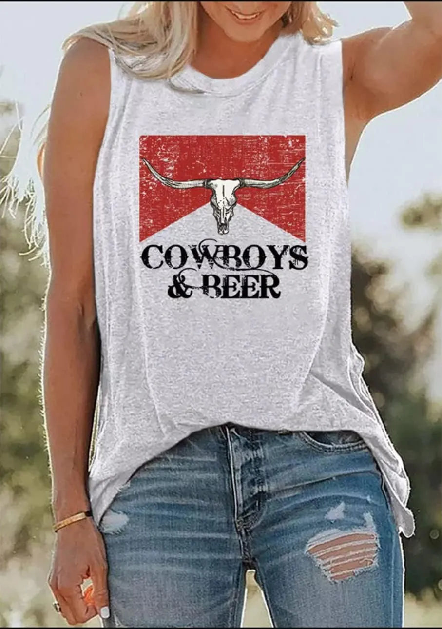 Cowboys & Beer Steer Skull Tank Tops Women Western Vintage Country Music Tanks Summer Vacation Sleeveless Shirts